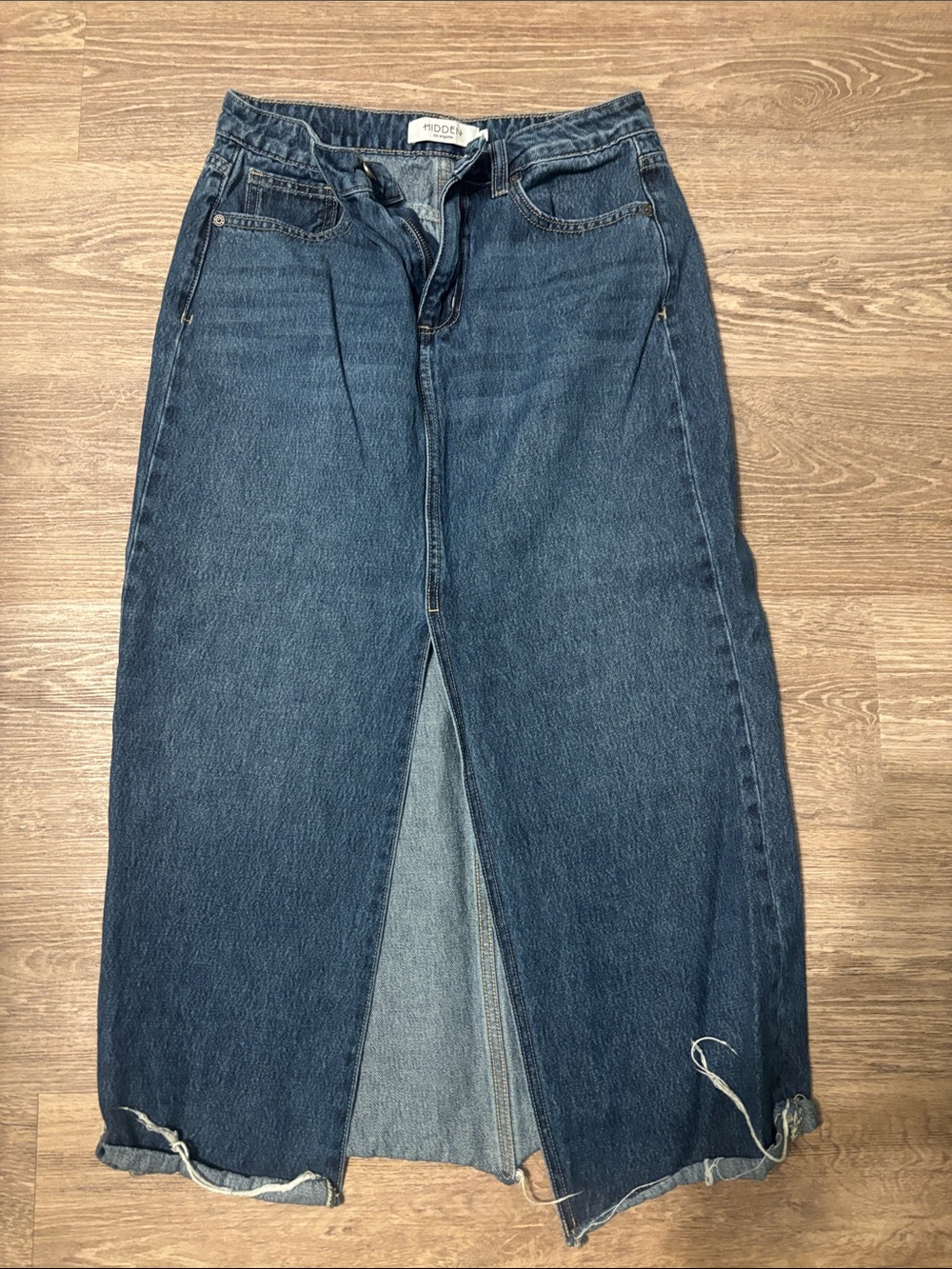 Hidden Indigo Denim Midi Skirt with Front Slit